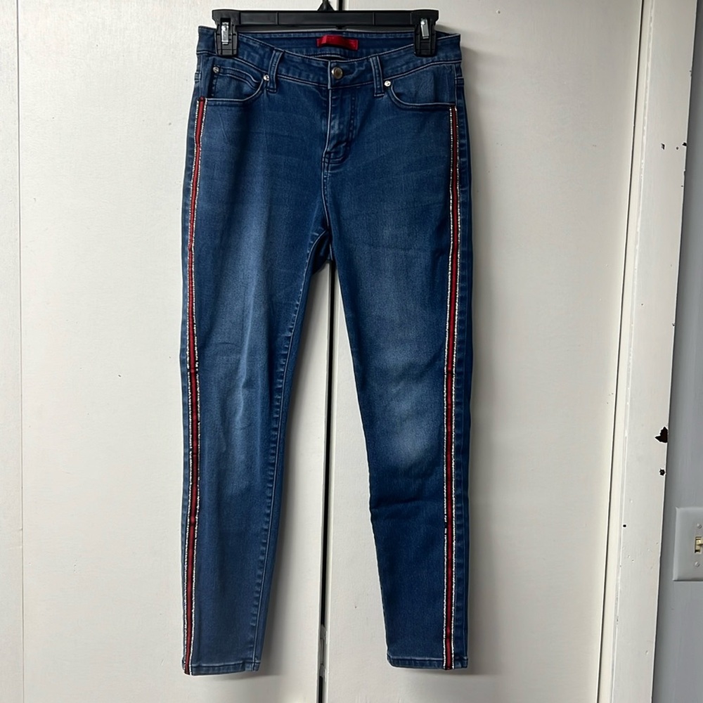JLO brand skinny ankle jeans with red, black and bling sides